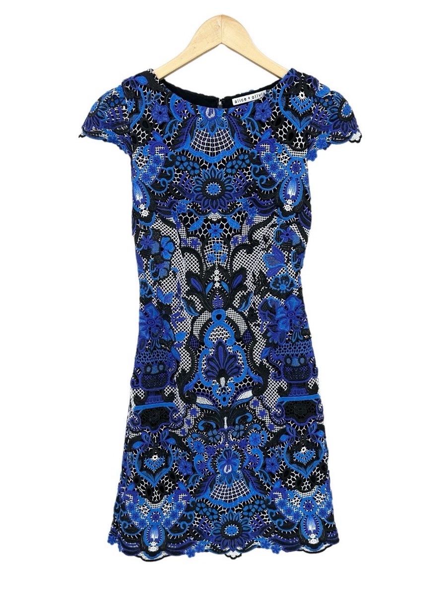 Alice + Olivia Dress Embroidered Cocktail Embroidered Lined Blue